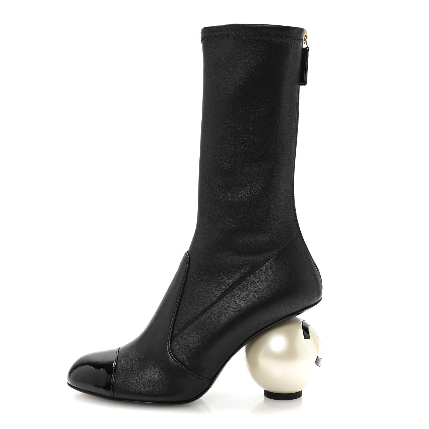 Chanel Stretch Lambskin Patent Cap Toe Pearl Ball Mid Calf Boots 35 Black 1 of 9