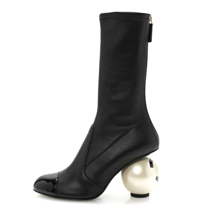 Chanel Stretch Lambskin Patent Cap Toe Pearl Ball Mid Calf Boots 35 Black 1 of 9