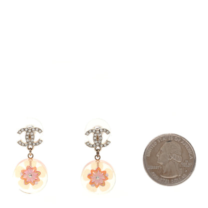 Chanel Resin Crystal CC Flower Drop Earrings Gold Transparent Pink 2 of 4