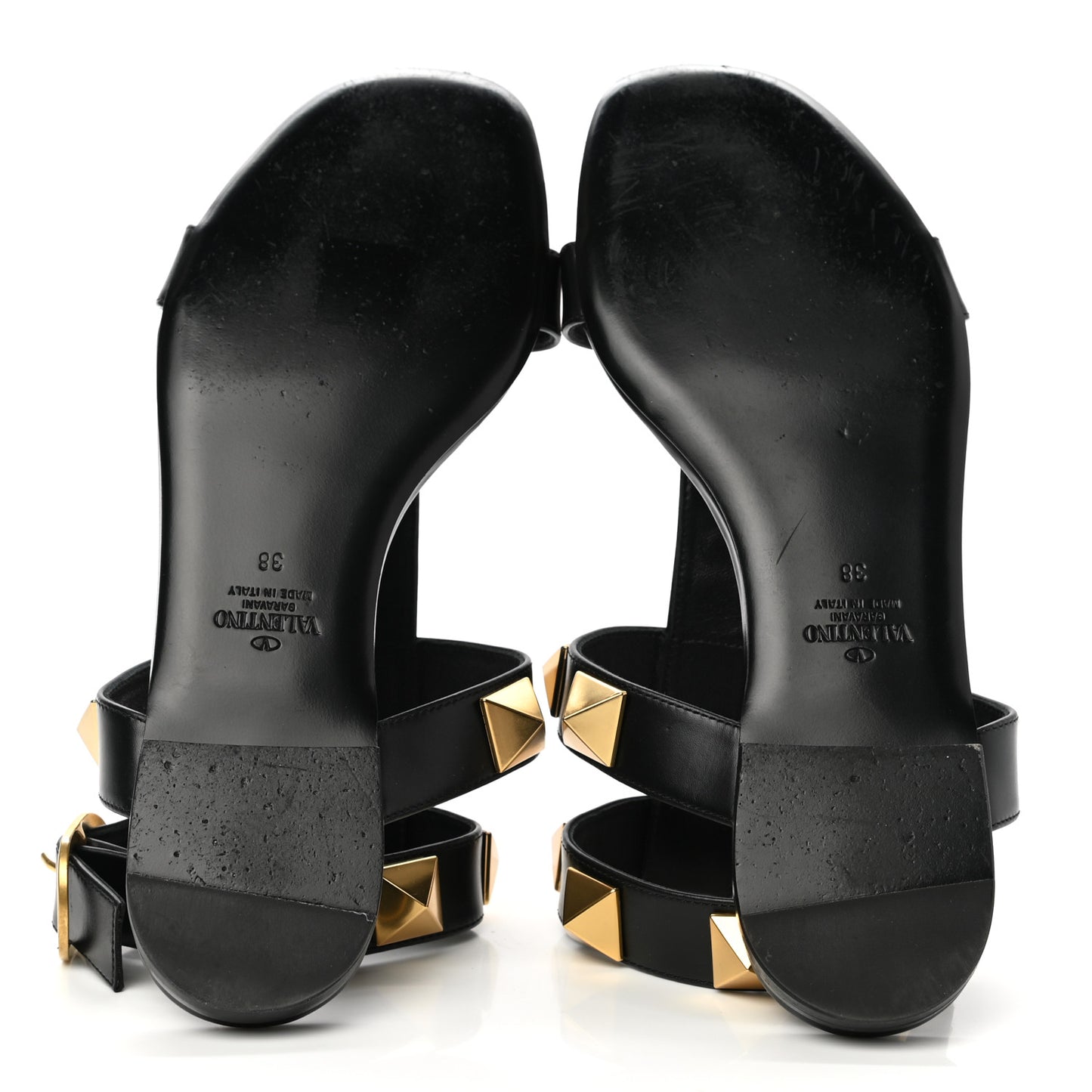 Calfskin Roman Stud Ankle Strap Flat Sandals 38 Black