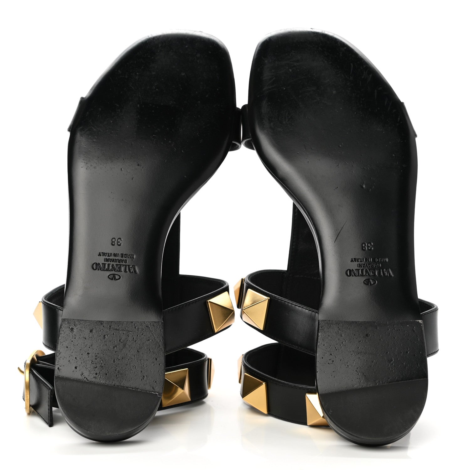 Valentino Garavani Calfskin Roman Stud Ankle Strap Flat Sandals 38 Black 5 of 12