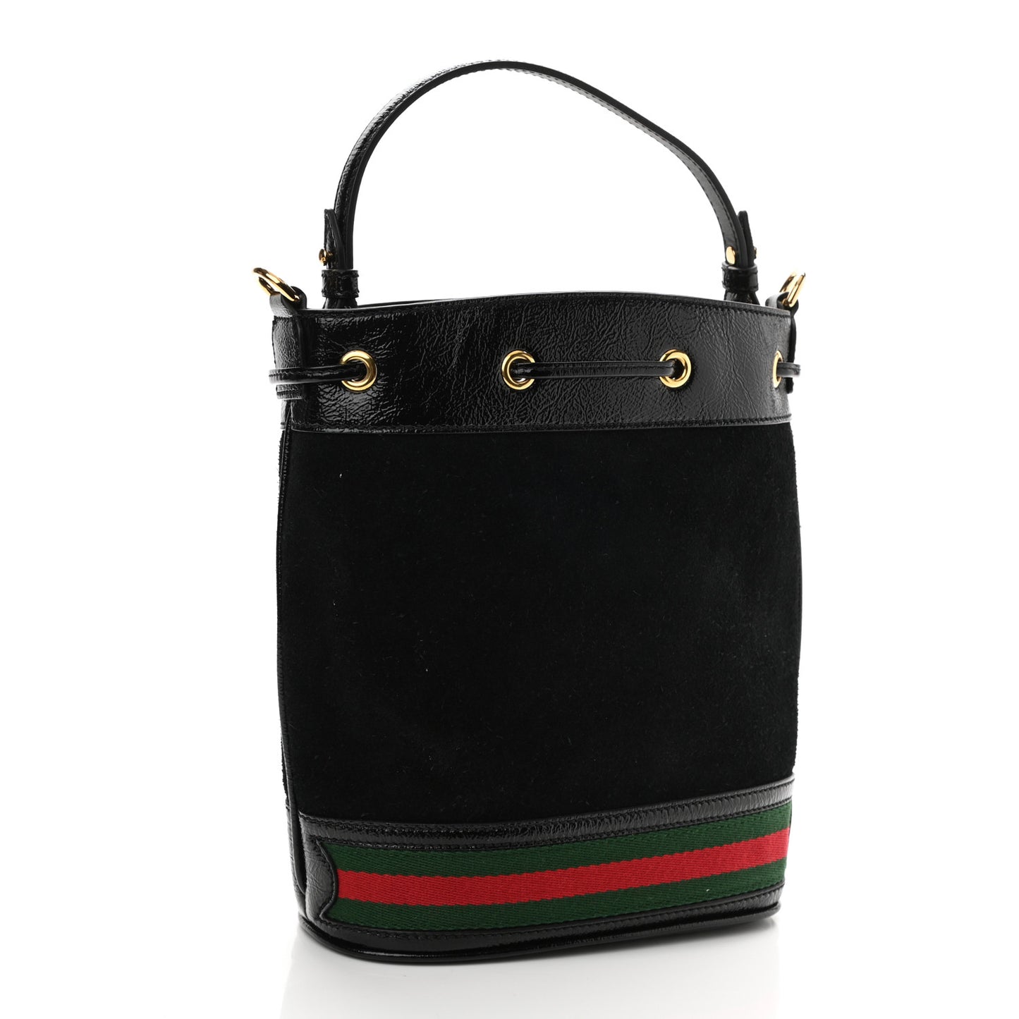 Suede Patent Web Small Ophidia Bucket Bag Black