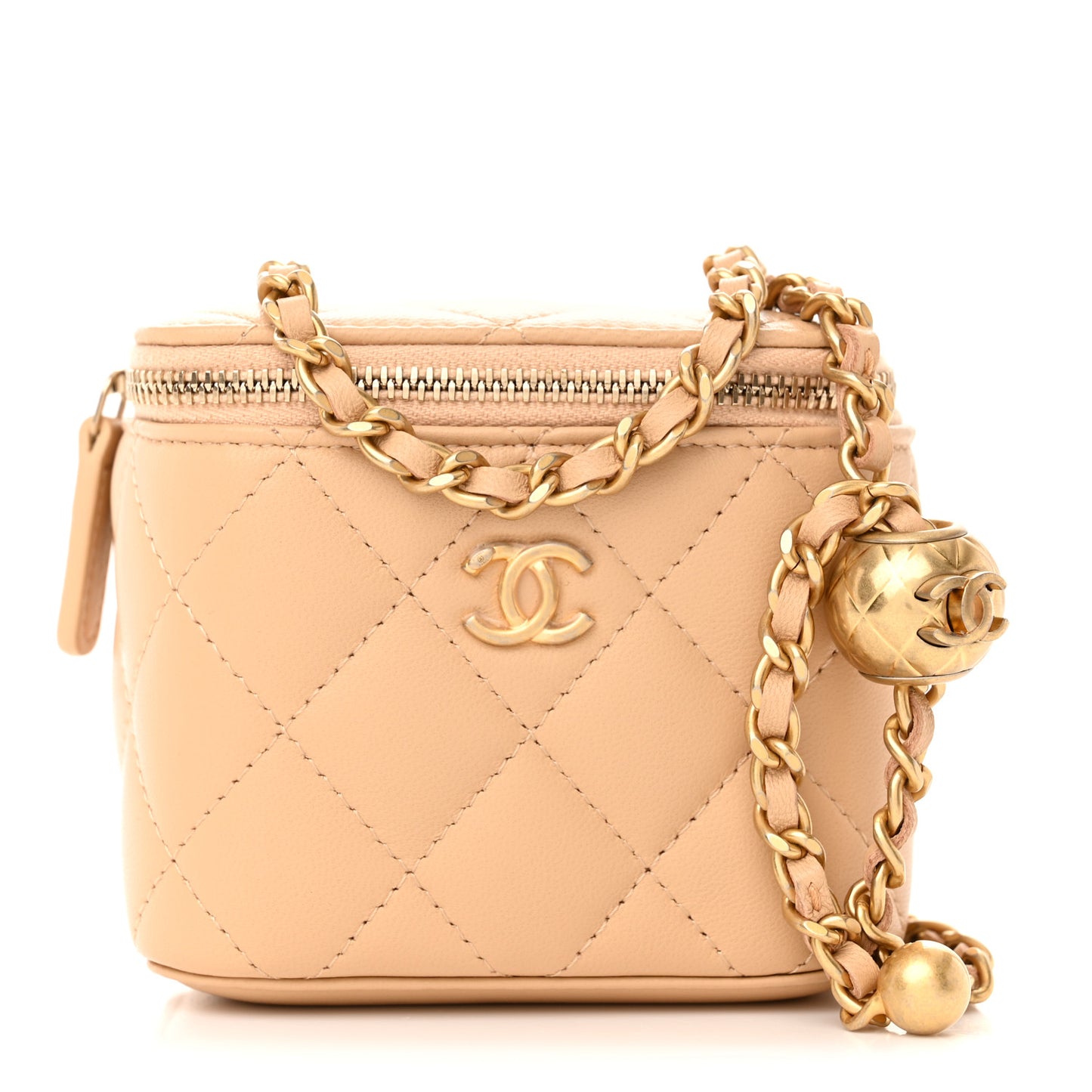 Lambskin Quilted Pearl Crush Mini Vanity Case With Chain Beige