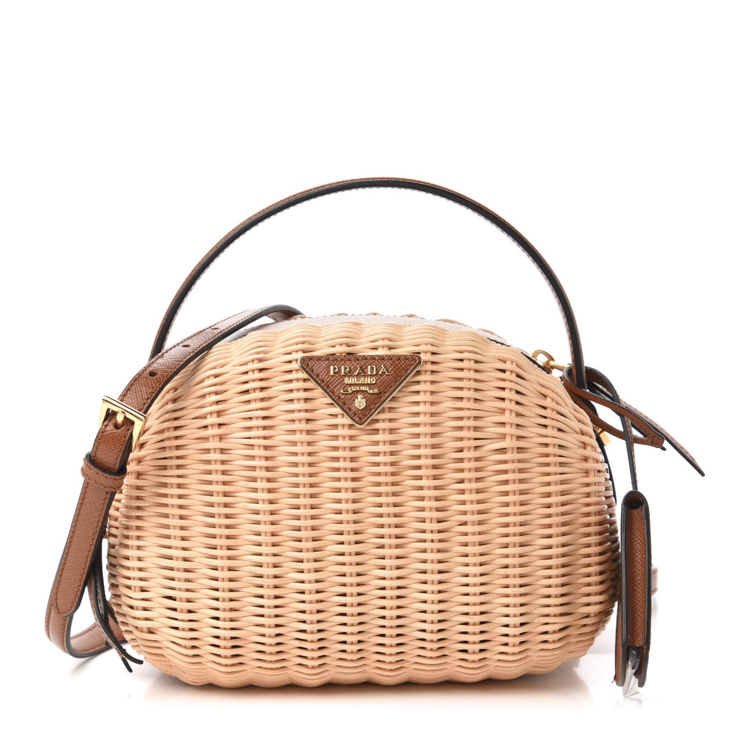 Wicker Saffiano Midolino Odette Top Handle Bag Beige Cognac