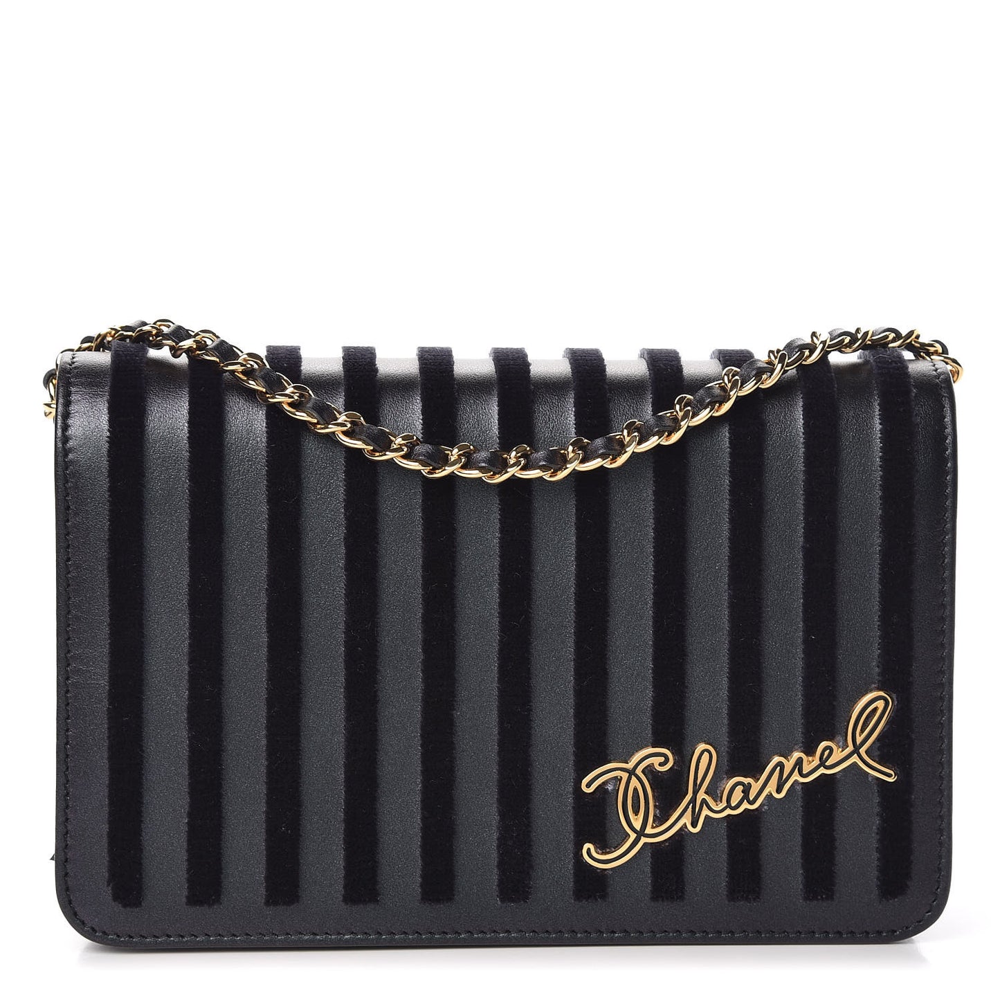 Iridescent Calfskin Velvet Stripe Wallet On Chain WOC Purple