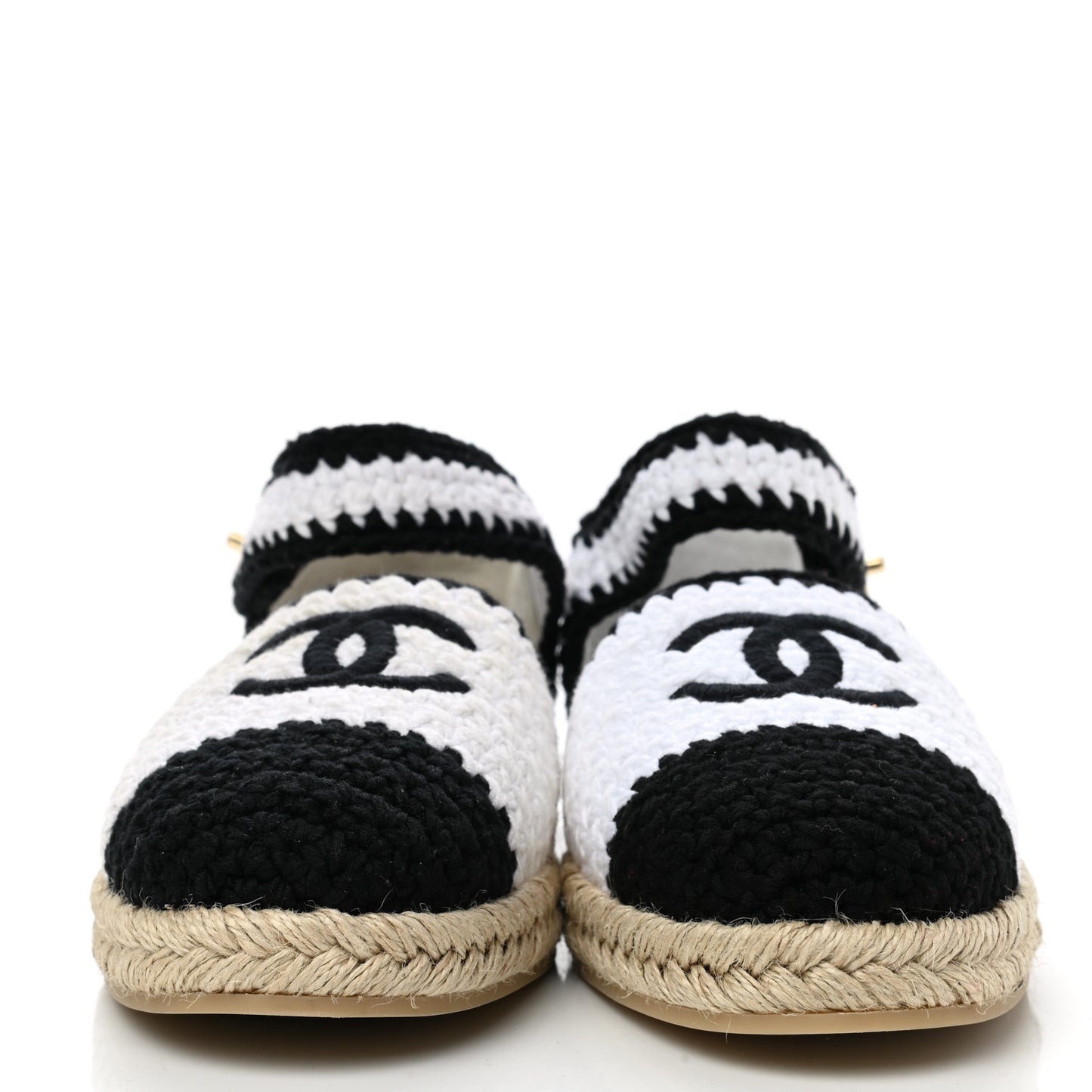 Braided Knit Cap Toe CC Ankle Strap Espadrilles 38 White Black