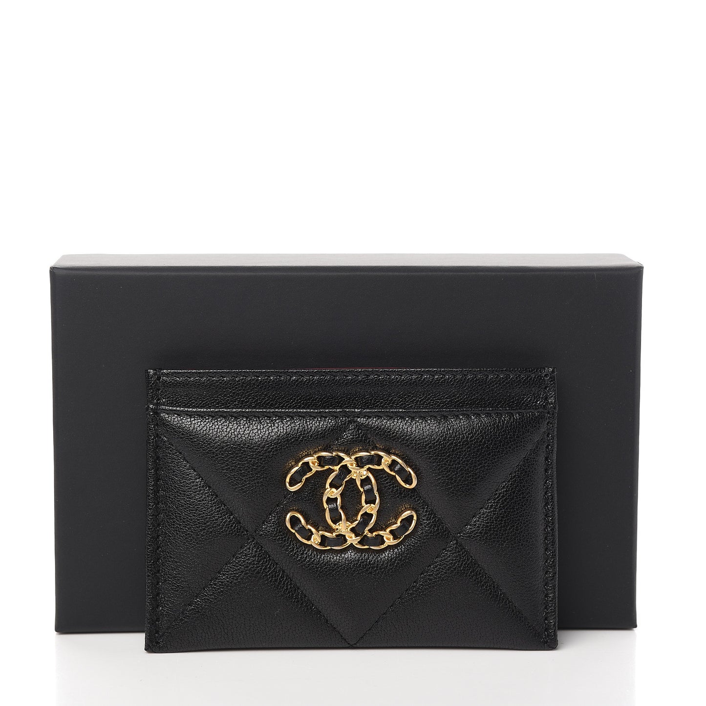 Shiny Goatskin Quilted Chanel 19 Card Holder Black