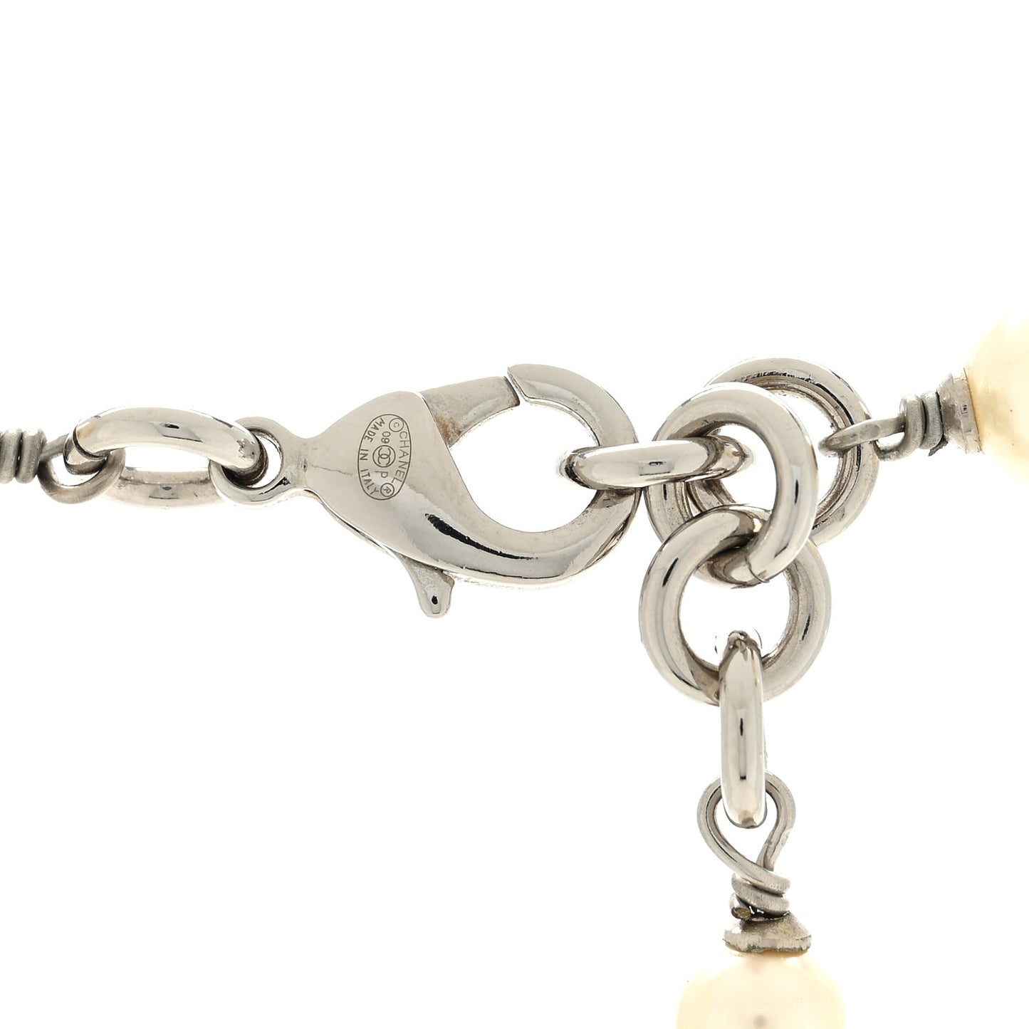 Graduated Pearl Crystal CC Long Necklace Silver