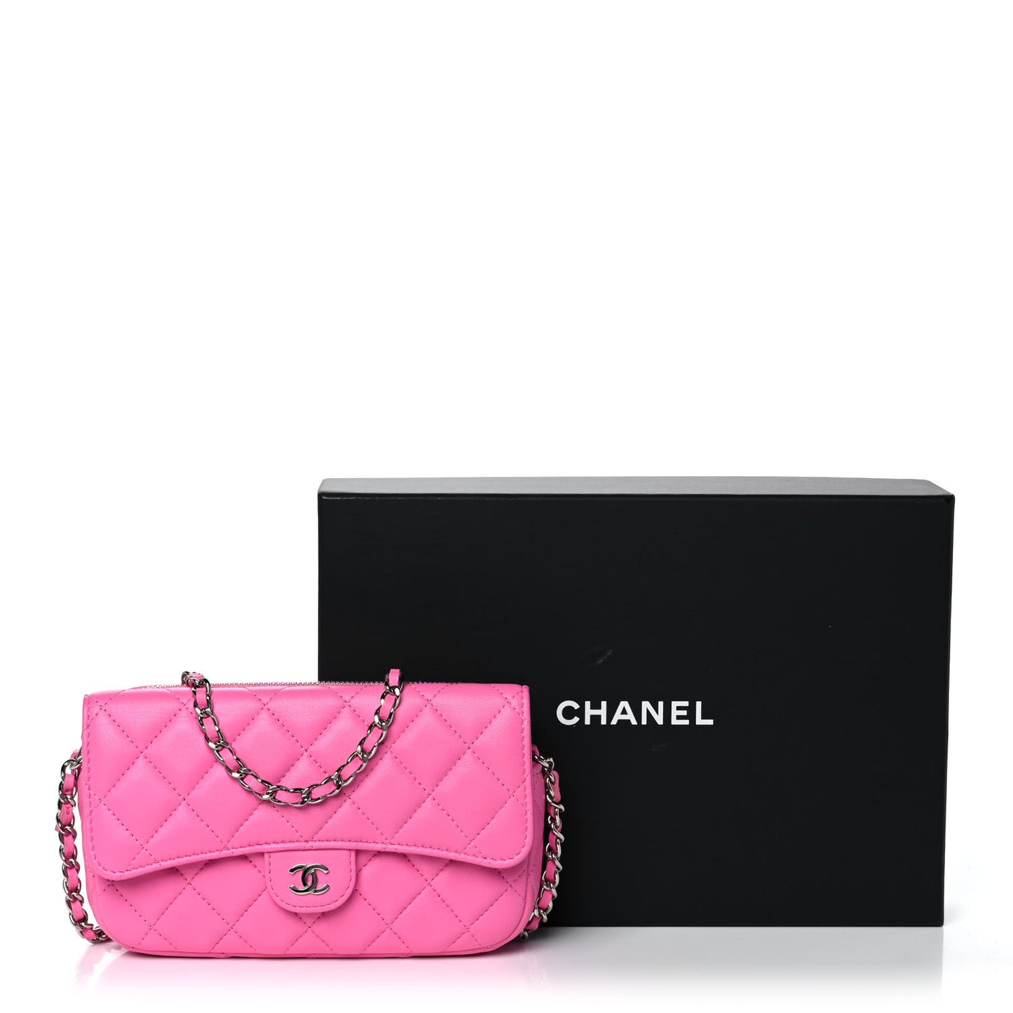 Lambskin Quilted Flap Phone Holder With Chain Neon Pink