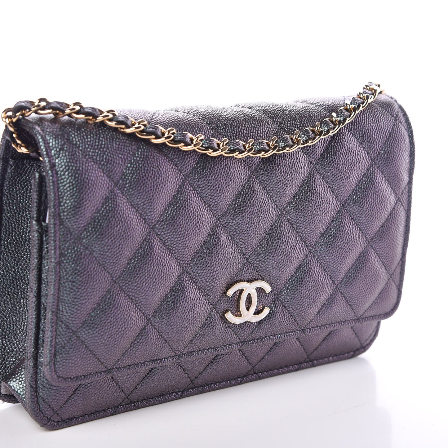 Iridescent Caviar Quilted Wallet On Chain WOC Black