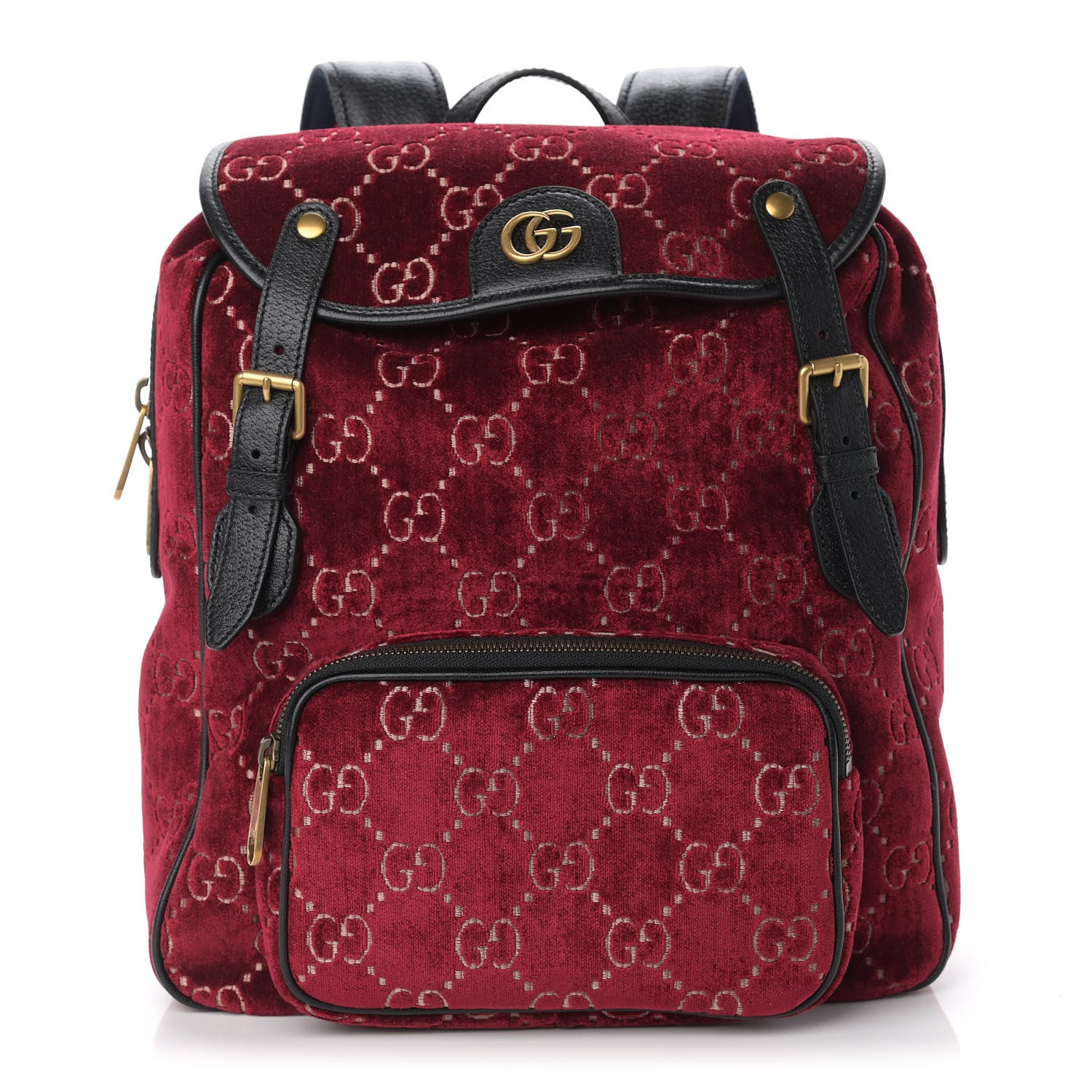 Gucci Velvet GG Monogram Textured Calfskin Web Small Double Buckle Backpack Red Cipria Black 1 of 9