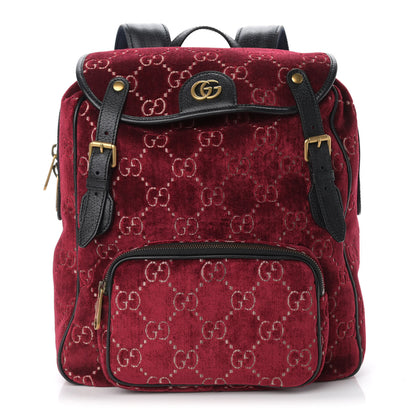Gucci Velvet GG Monogram Textured Calfskin Web Small Double Buckle Backpack Red Cipria Black 1 of 9