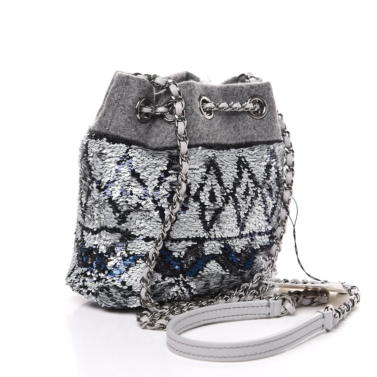Sequin Wool Drawstring Bag Silver Blue Grey