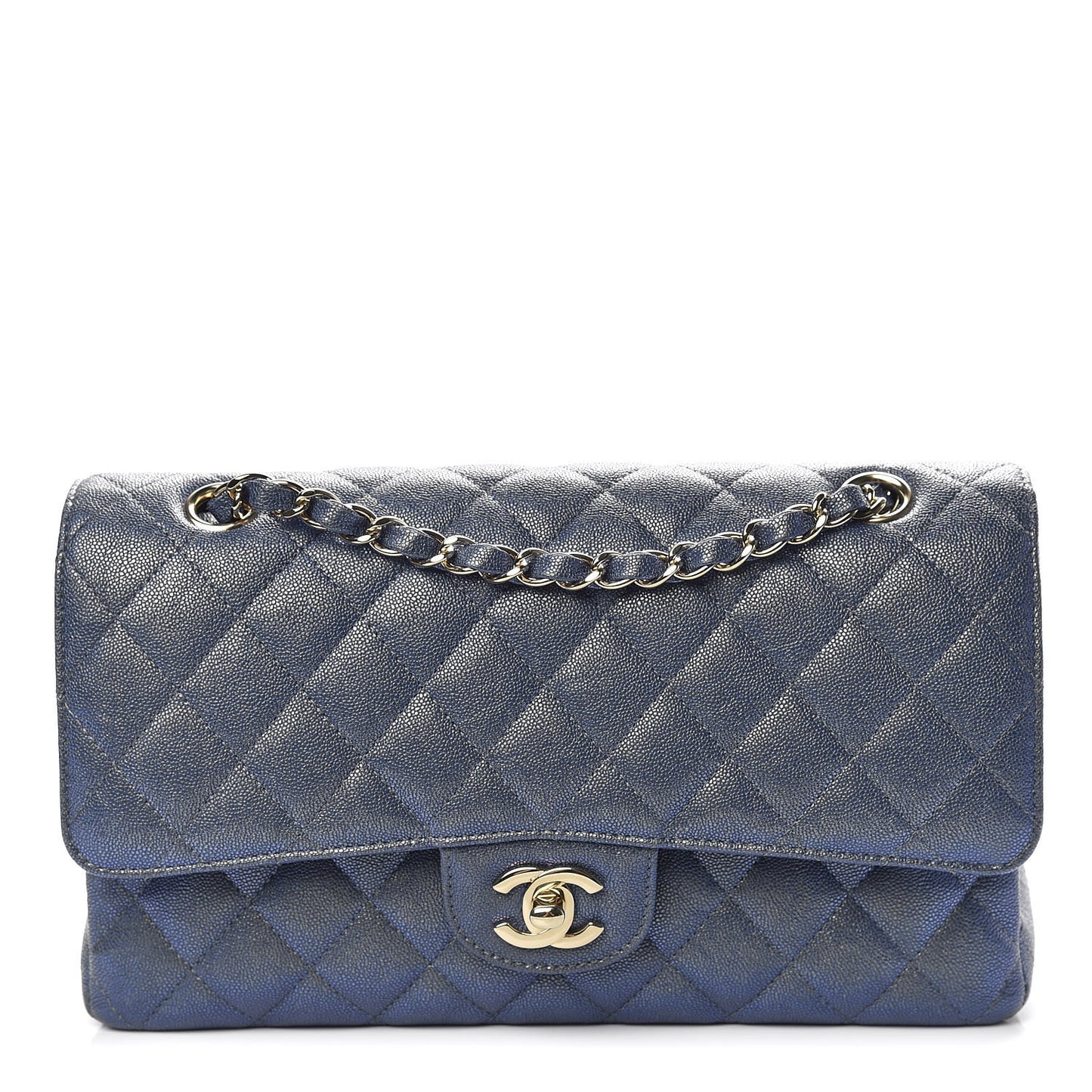 Iridescent Caviar Quilted Medium Double Flap Dark Blue