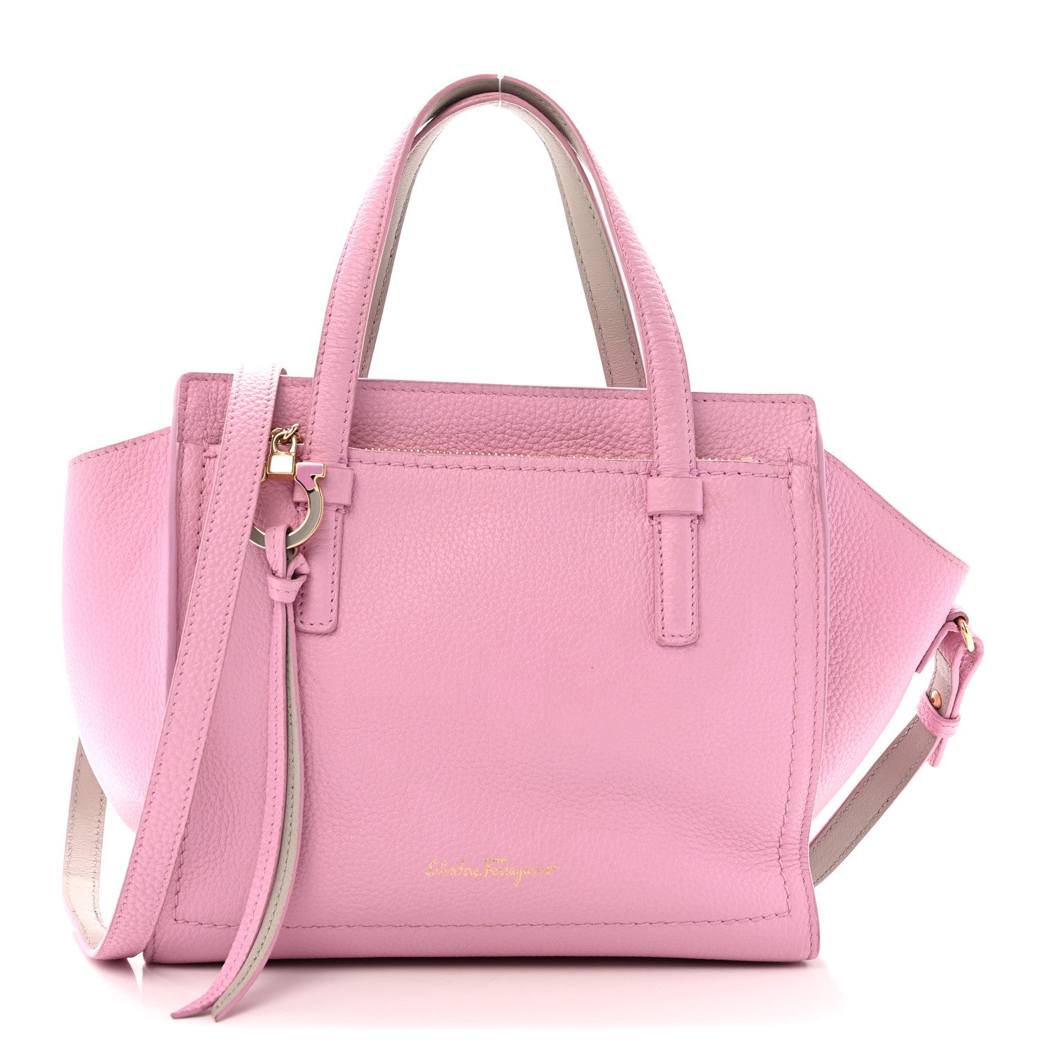 Salvatore Ferragamo Grained Calfskin Double Handle Small Amy Tote Pink 1 of 15