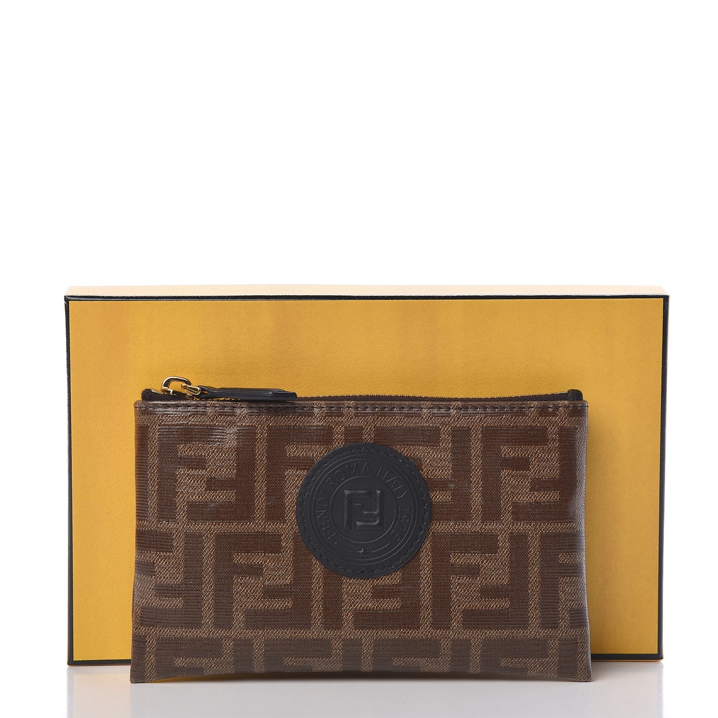 Glazed Fabric Vitello Century FF 1974 Stamp Patch XS FFreedom Flat Pouch Mogano Panna Black