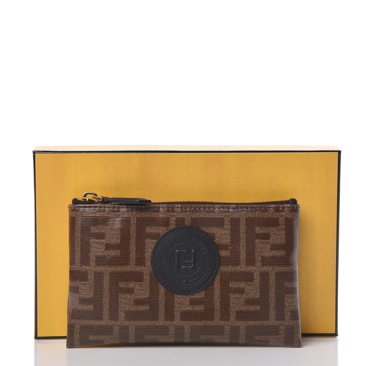 Fendi Glazed Fabric Vitello Century FF 1974 Stamp Patch XS FFreedom Flat Pouch Mogano Panna Black 8 of 8