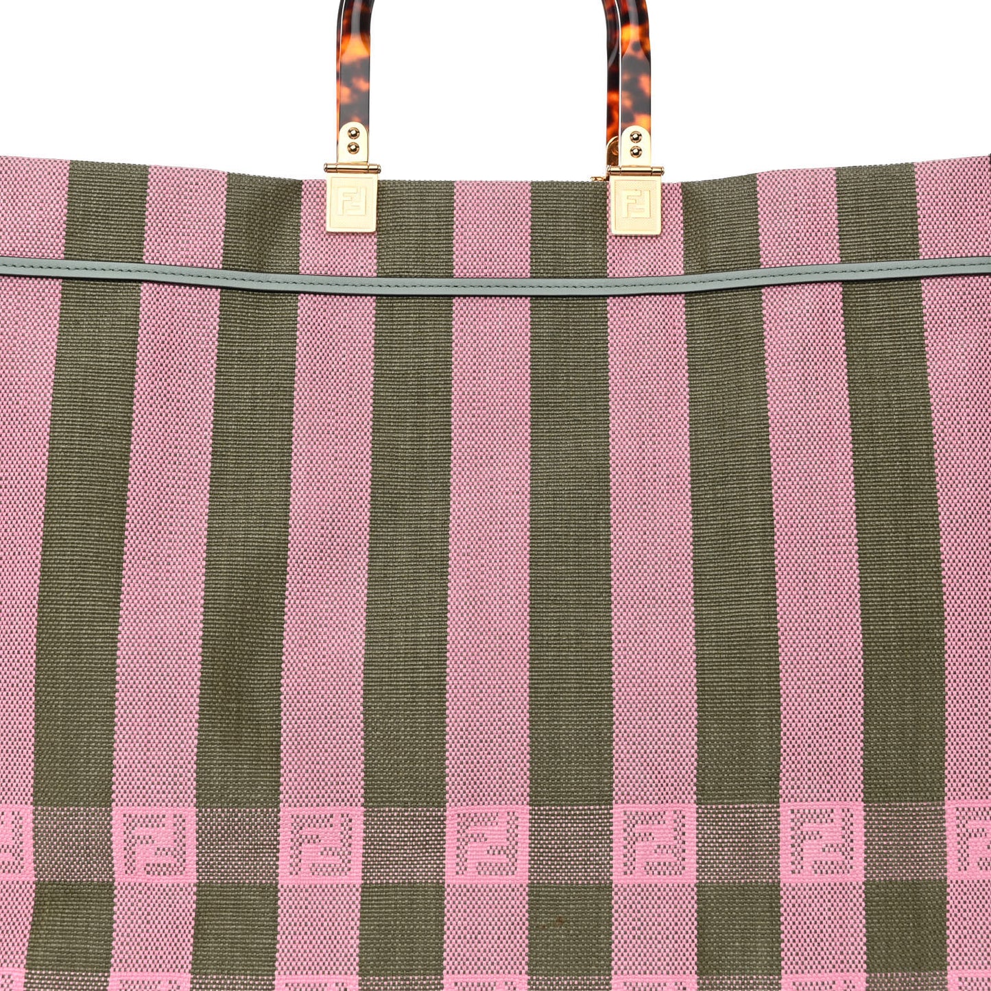 Raffia Vitello Seta Plexiglass Pequin Gingham Woven Large Fendi Sunshine Shopper Tote Military Rosa