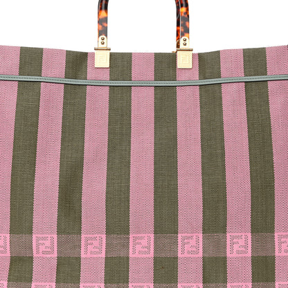 Fendi Raffia Vitello Seta Plexiglass Pequin Gingham Woven Large Fendi Sunshine Shopper Tote Military Rosa 7 of 10