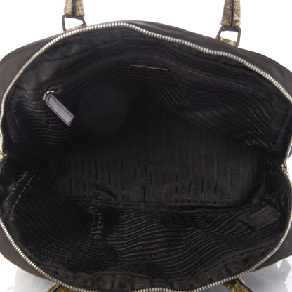 Prada Tessuto Nylon Calfskin Lizard Embossed Tote Ebano 5 of 9