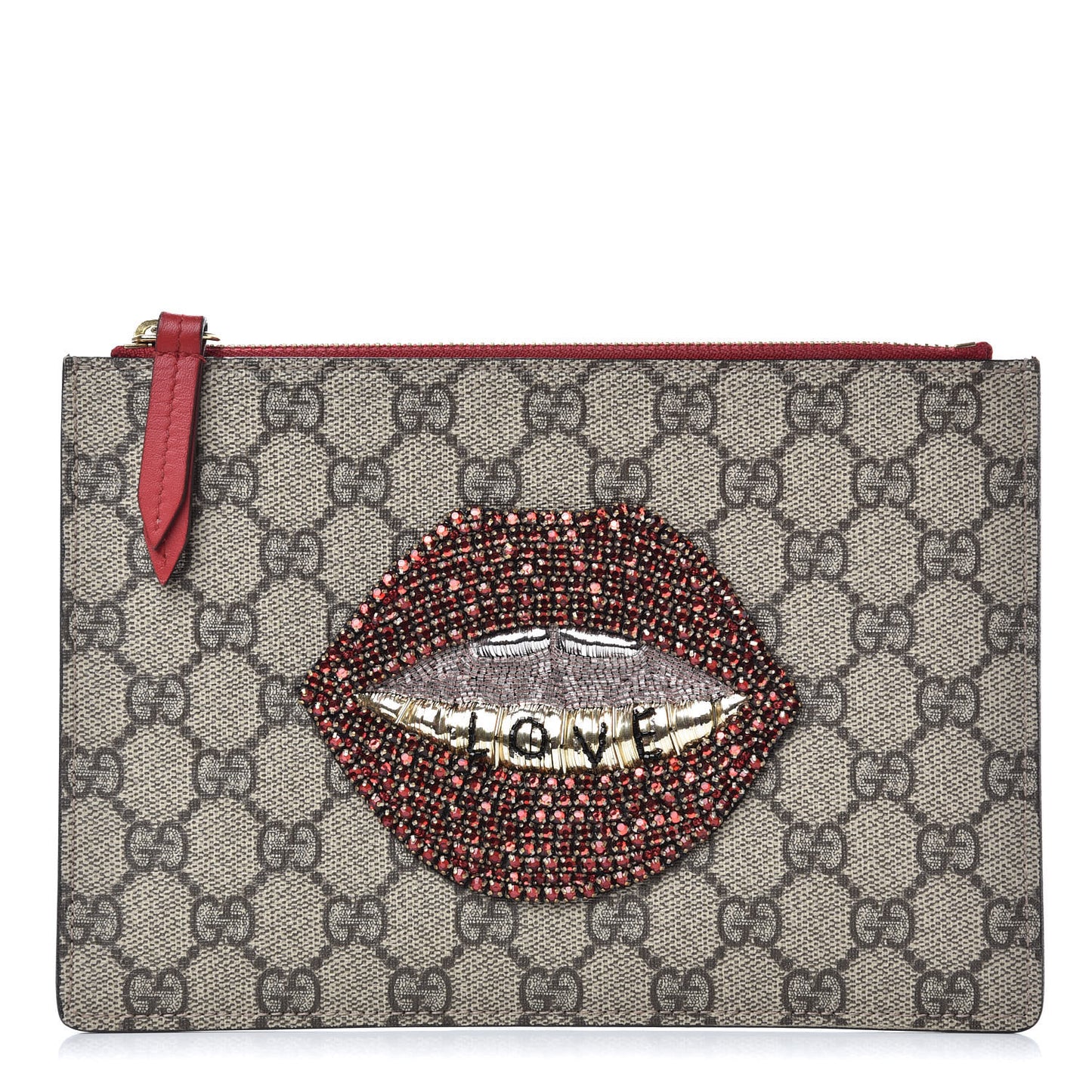 GG Supreme Monogram Merveilles Lips Zip Pouch Hibiscus Red