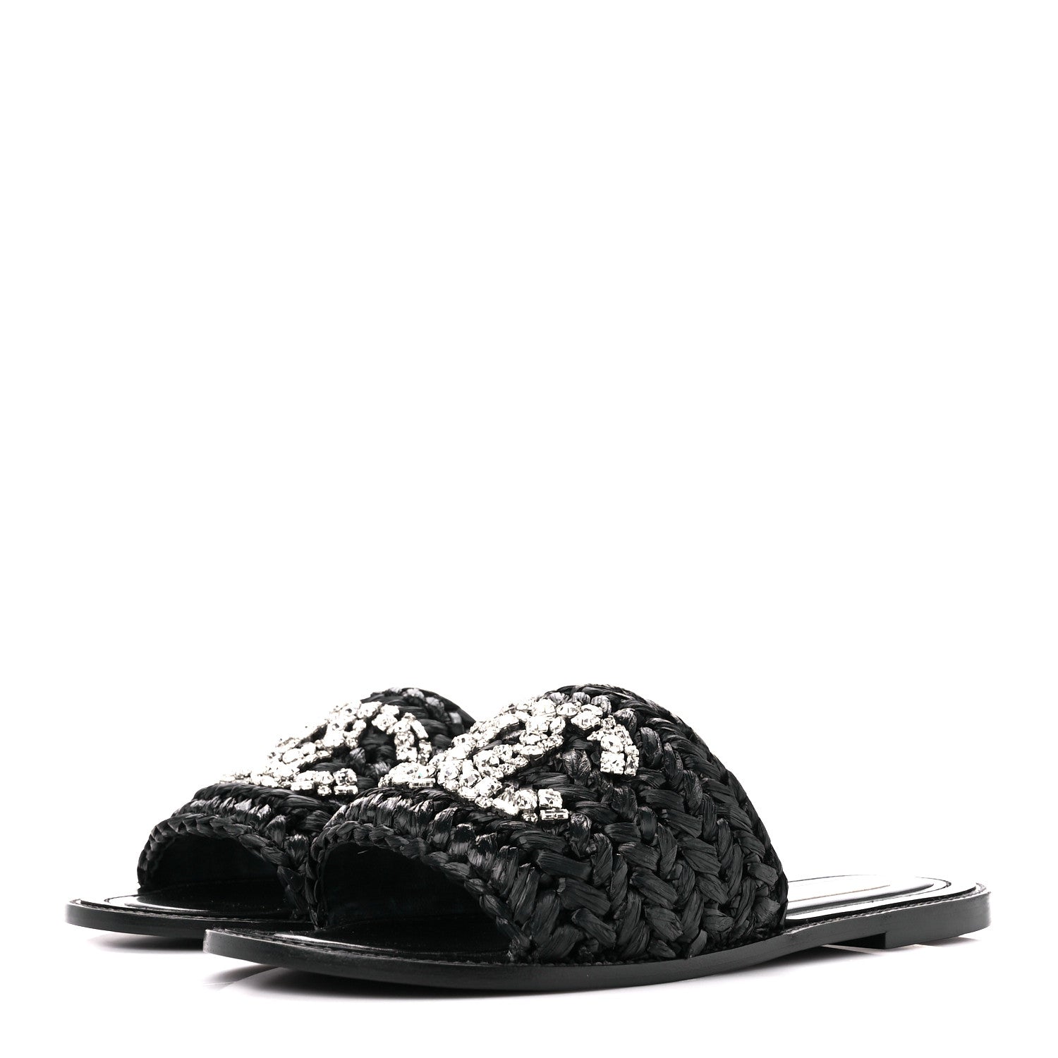 Chanel Raffia Crystal CC Mules Sandals 38.5 Black 3 of 9