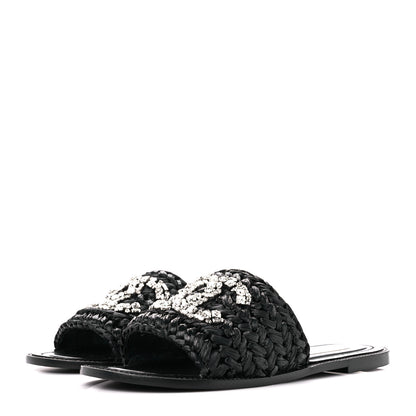 Chanel Raffia Crystal CC Mules Sandals 38.5 Black 3 of 9