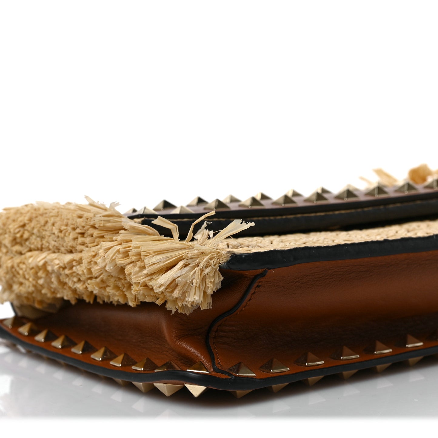 Raffia Calfskin Small Rockstud Shoulder Bag Natural Selleria