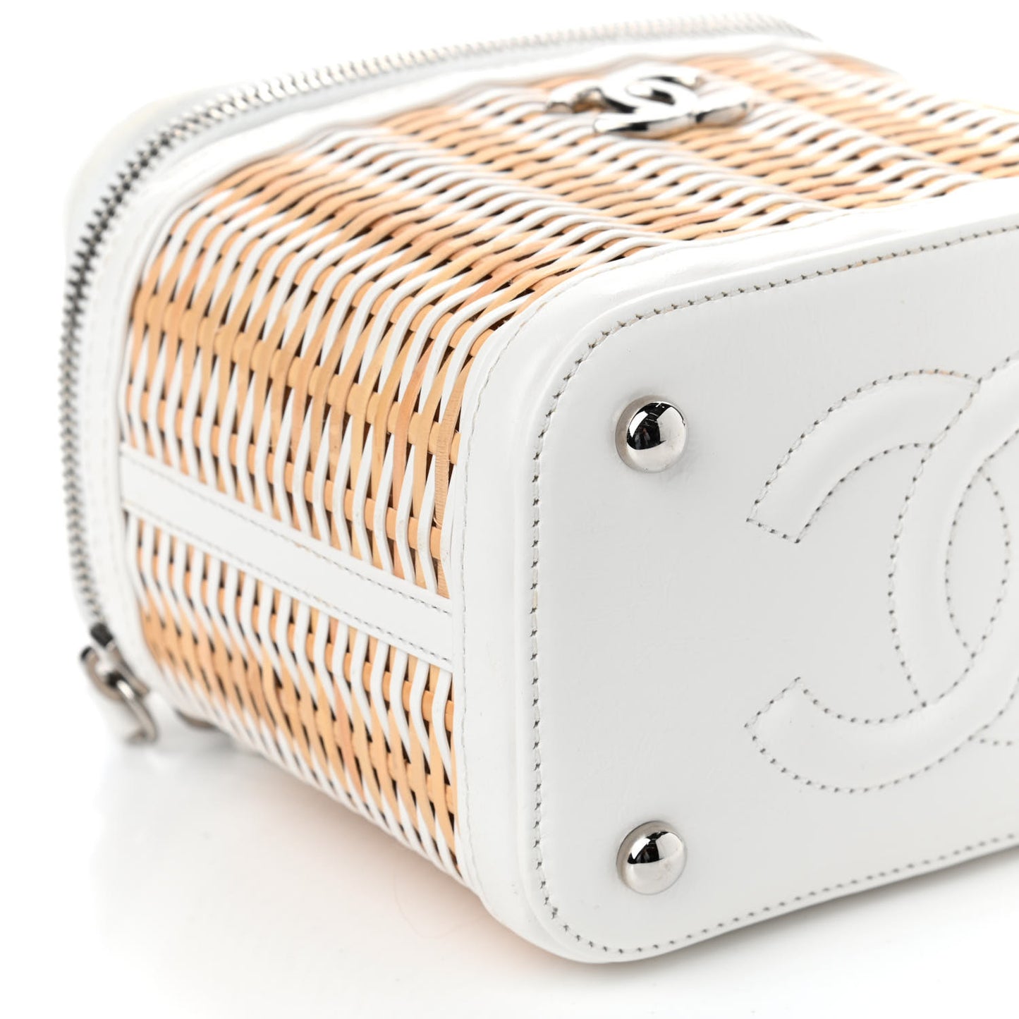 Calfskin Raffia Small Vanity Case Bag White Beige