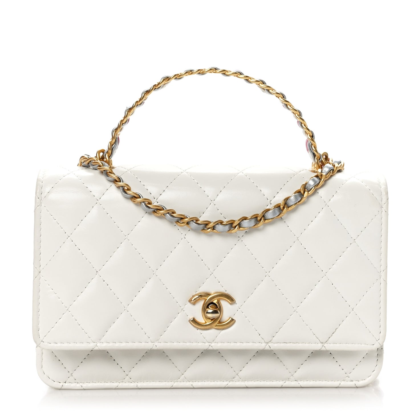 Shiny Calfskin Quilted Multicolor Top Handle Wallet On Chain WOC White