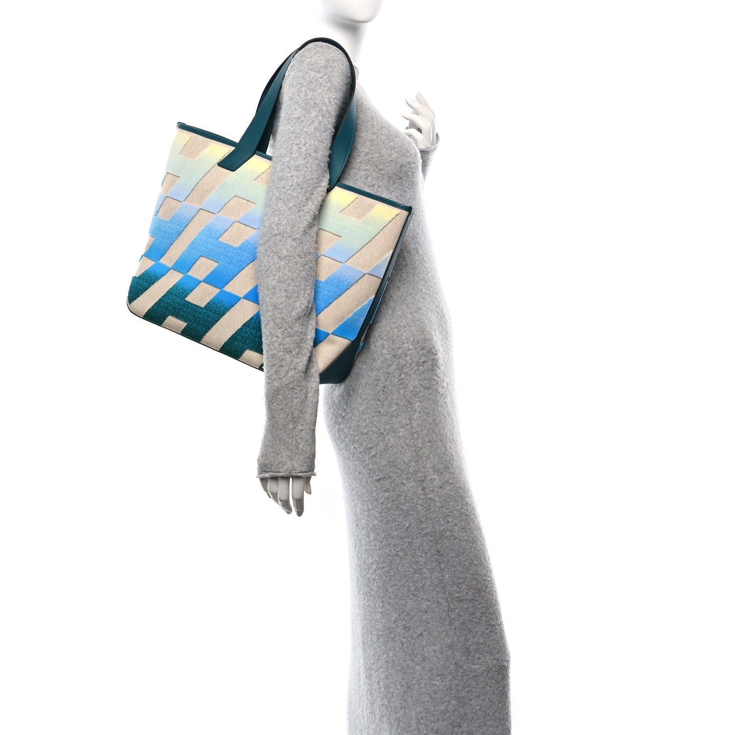 Hermes Swift Toile H Tufted Cabas H En Biais 40 Ecru Bleu Vert Bosphore 2 of 9