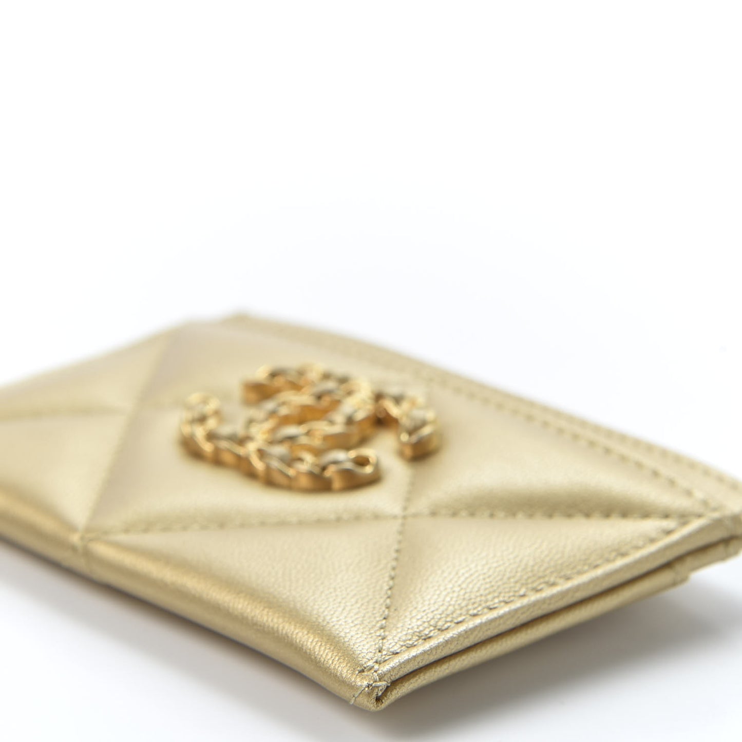 Metallic Goatskin Quilted Chanel 19 Card Holder Gold
