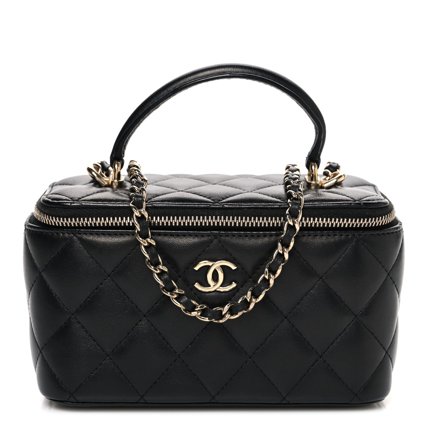 Lambskin Quilted Small Top Handle Vanity Case With Chain Black