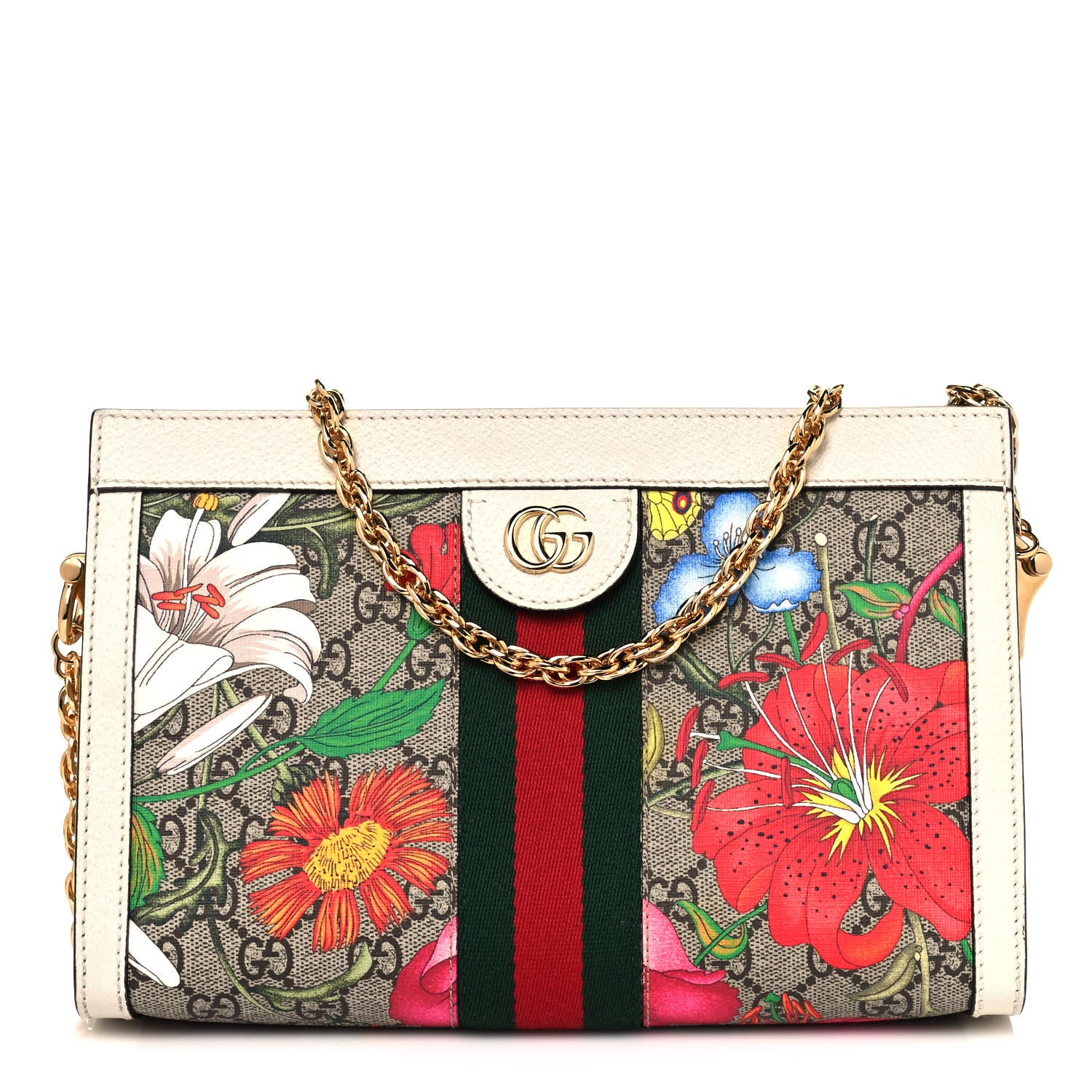 Gucci GG Supreme Monogram Flora Web Small Ophidia Chain Shoulder Bag White 1 of 13