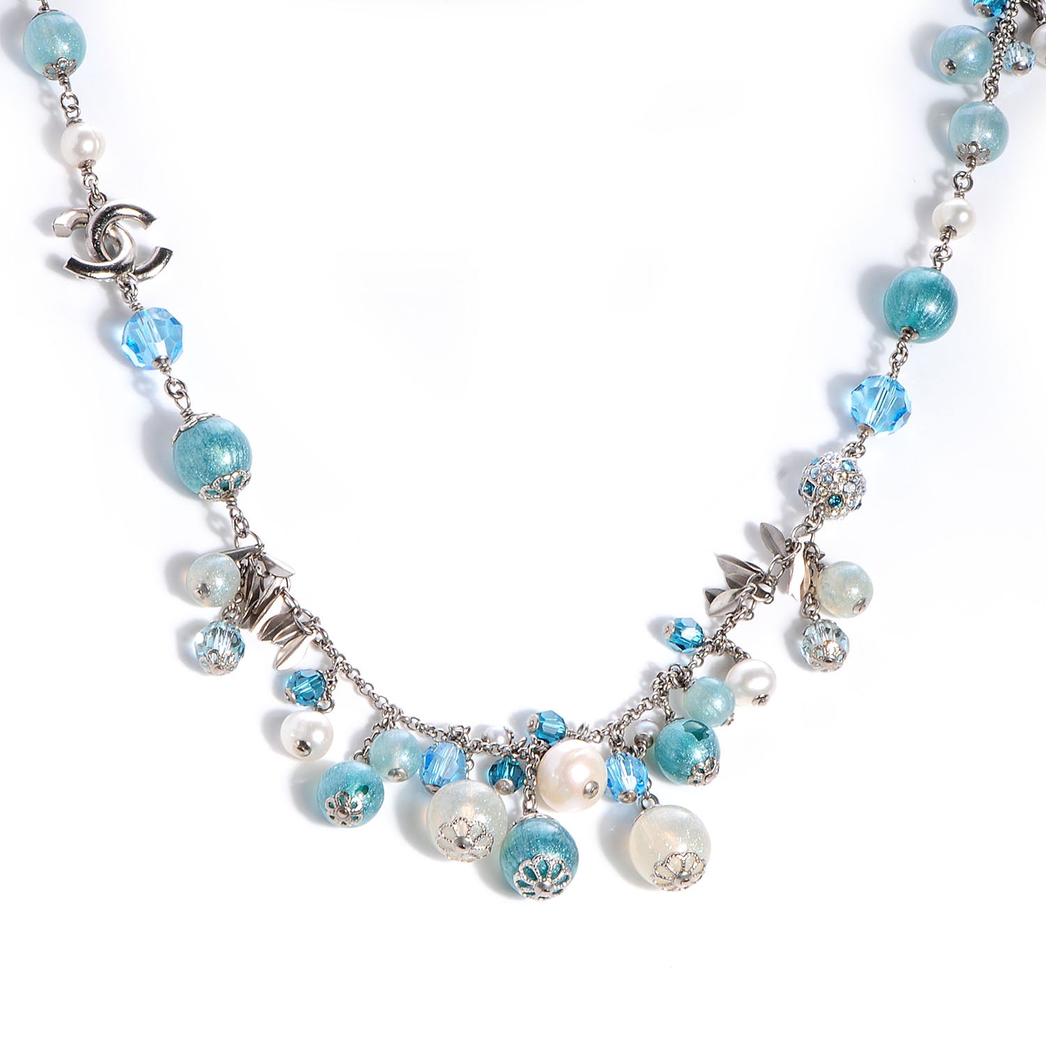 Chanel Pearl Crystal CC Beaded Long Necklace Silver Blue 1 of 10