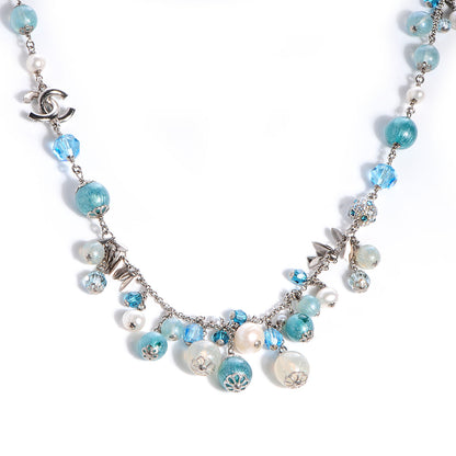 Chanel Pearl Crystal CC Beaded Long Necklace Silver Blue 1 of 10