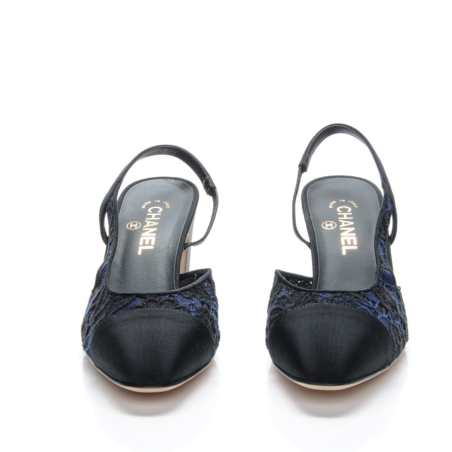 Lace Grosgrain Cap Toe CC Slingback Pumps 41 Navy Black