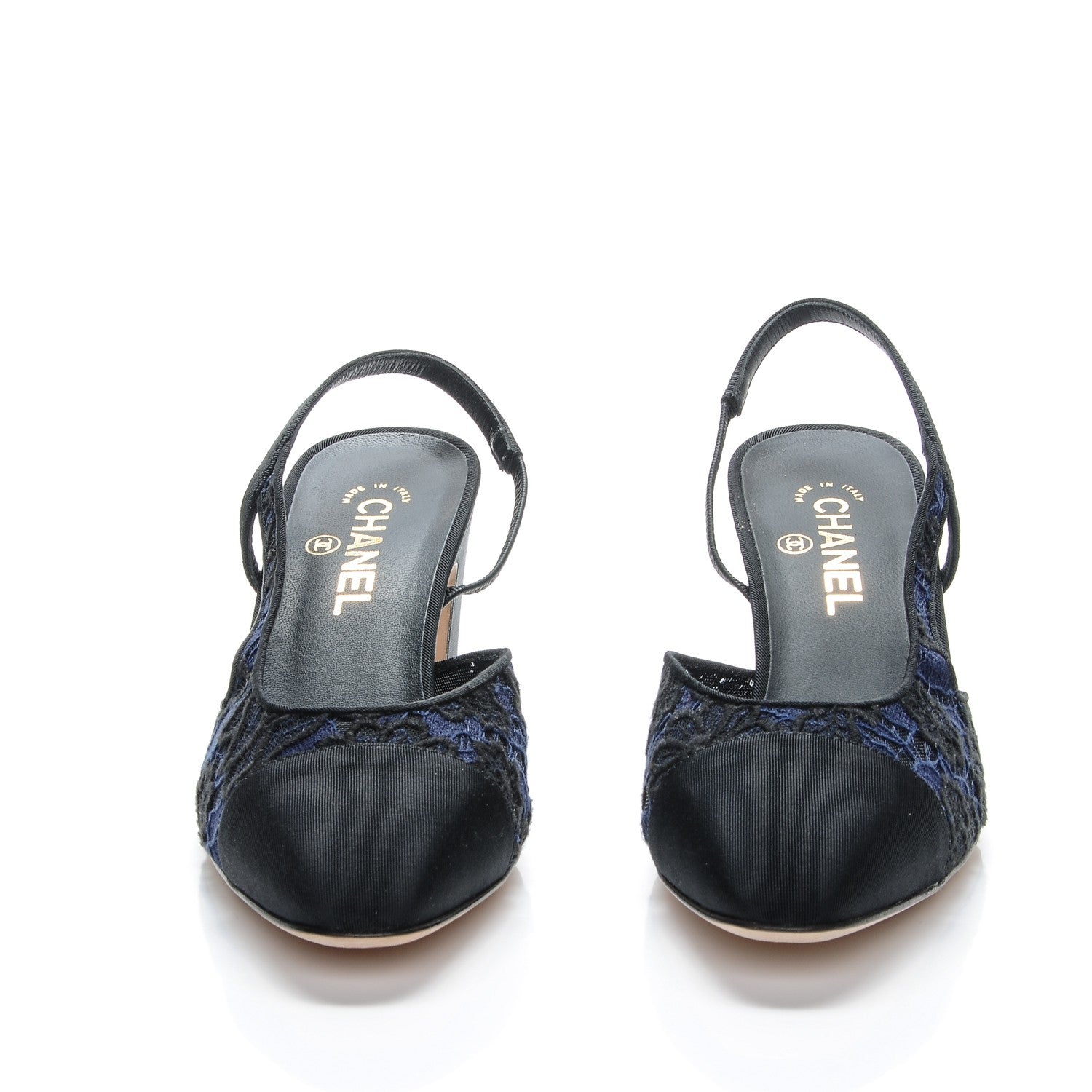 Chanel Lace Grosgrain Cap Toe CC Slingback Pumps 41 Navy Black 2 of 8