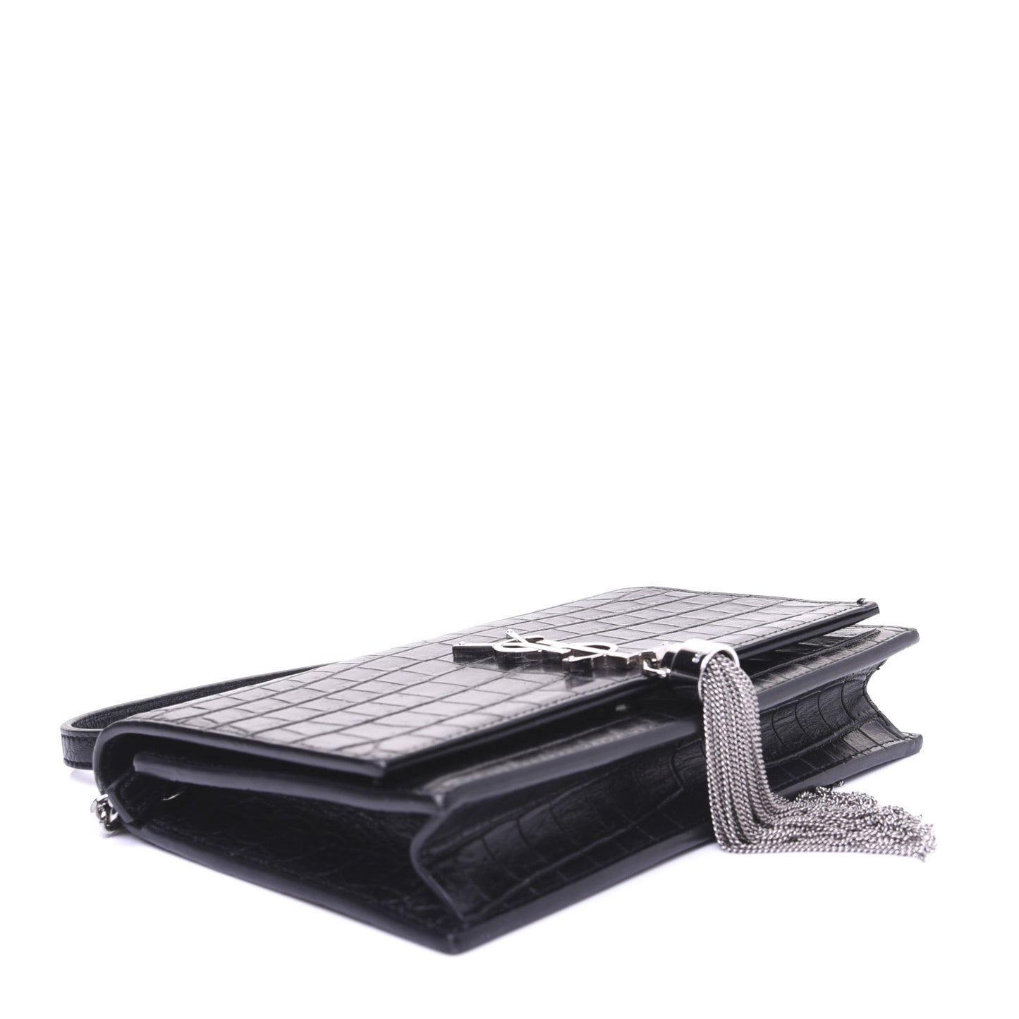 Calfskin Crocodile Embossed Kate Monogram Tassel Chain Wallet Black