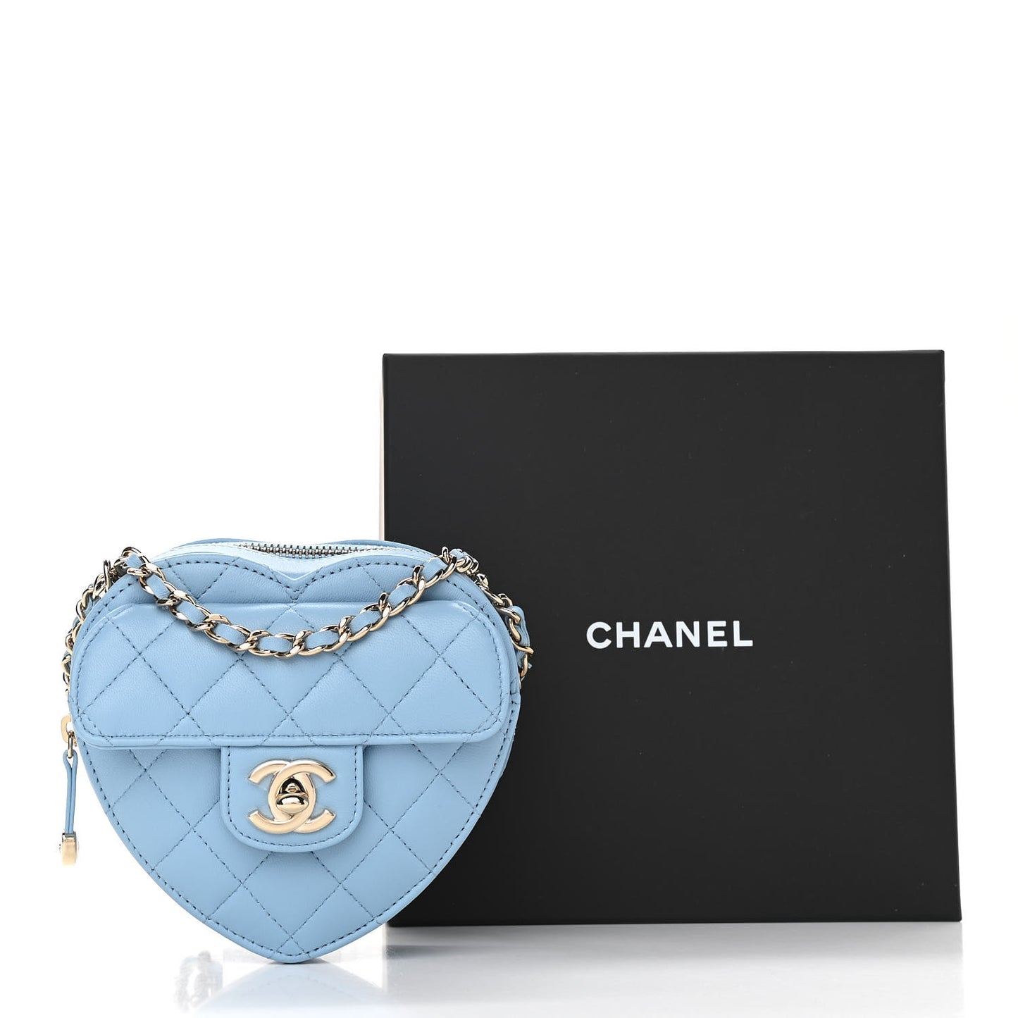 Lambskin Quilted CC In Love Heart Clutch With Chain Light Blue