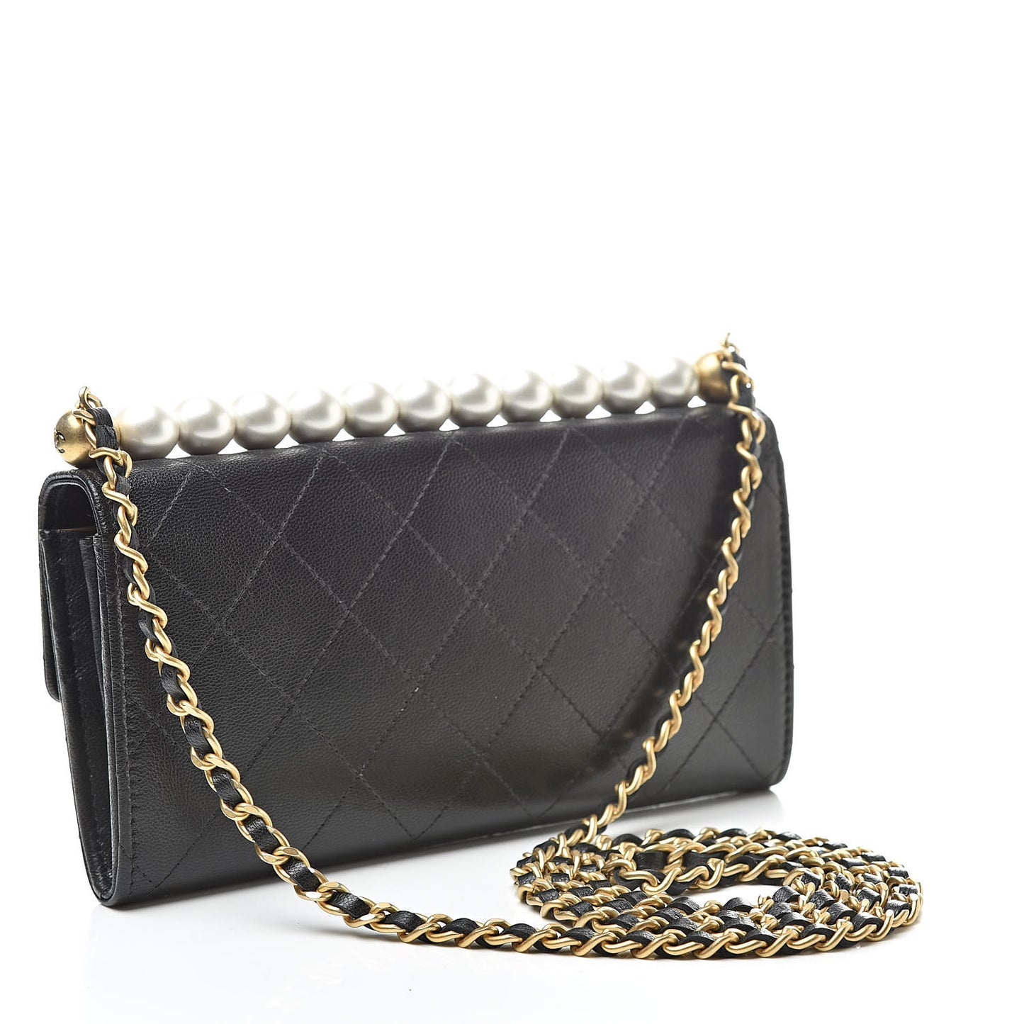 Goatskin Quilted Pearl Short Handle Clutch With Chain Black