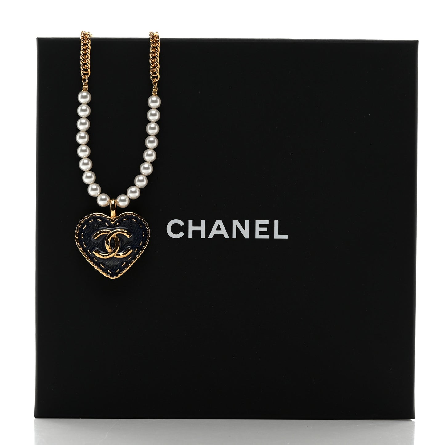 Metal Denim CC Heart Choker Gold Blue Pearly White