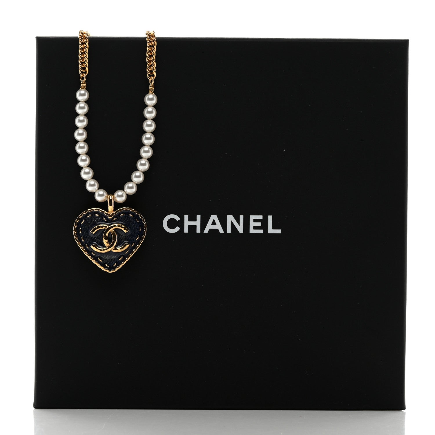 Chanel Metal Denim CC Heart Choker Gold Blue Pearly White 5 of 5
