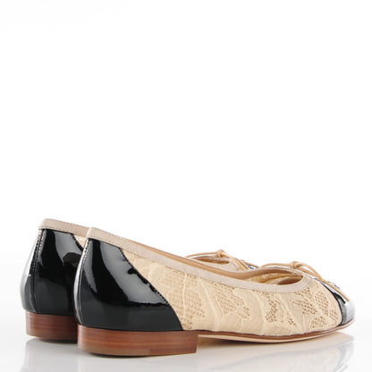 Chanel Lace Patent Cap Toe CC Ballerina Flats 37 Beige Black 4 of 6