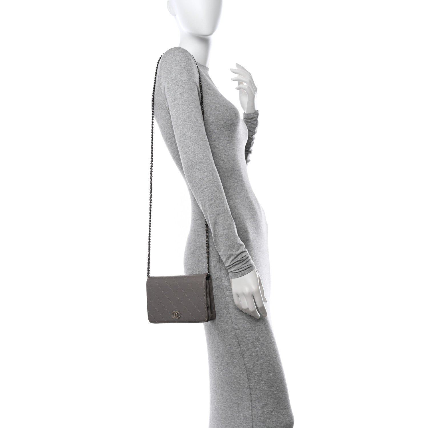 Chanel Calfskin Resin Stitched Wallet On Chain WOC Grey 2 of 13