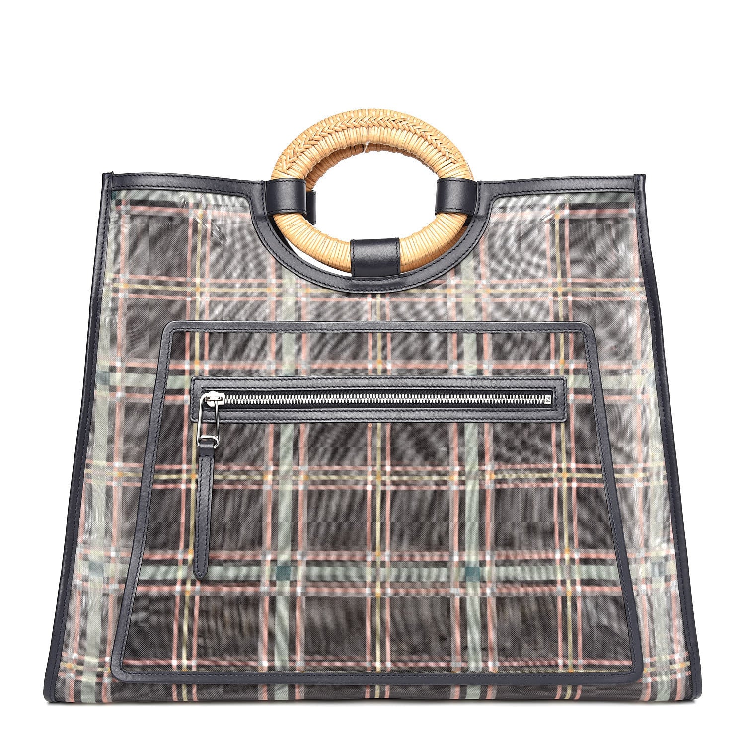Fendi Mesh Vitello Century Wicker Tartan Plaid Large Runaway Shopper Tote Black Blue Notte 1 of 9