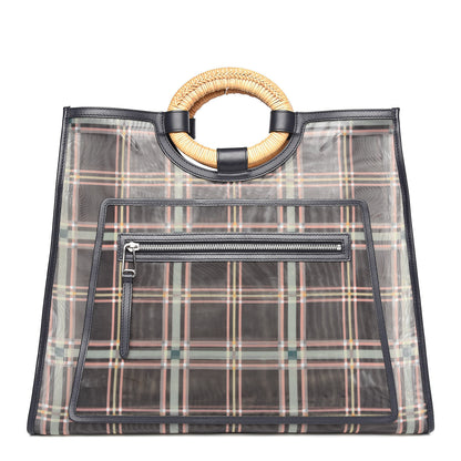 Fendi Mesh Vitello Century Wicker Tartan Plaid Large Runaway Shopper Tote Black Blue Notte 1 of 9