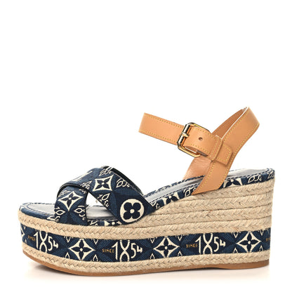 Louis Vuitton Jacquard Calfskin Since 1854 Boundary Wedge Sandals 39 Blue 1 of 8