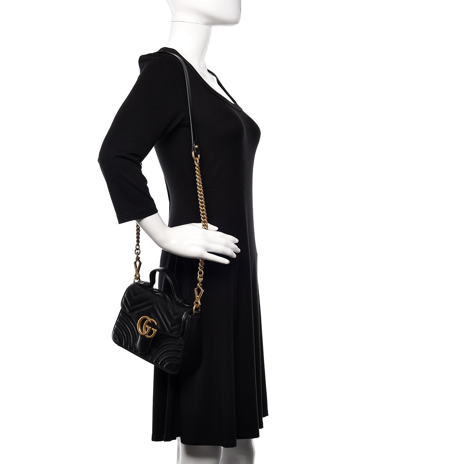 Gucci Calfskin Matelasse Mini GG Marmont Top Handle Shoulder Bag Black 2 of 12