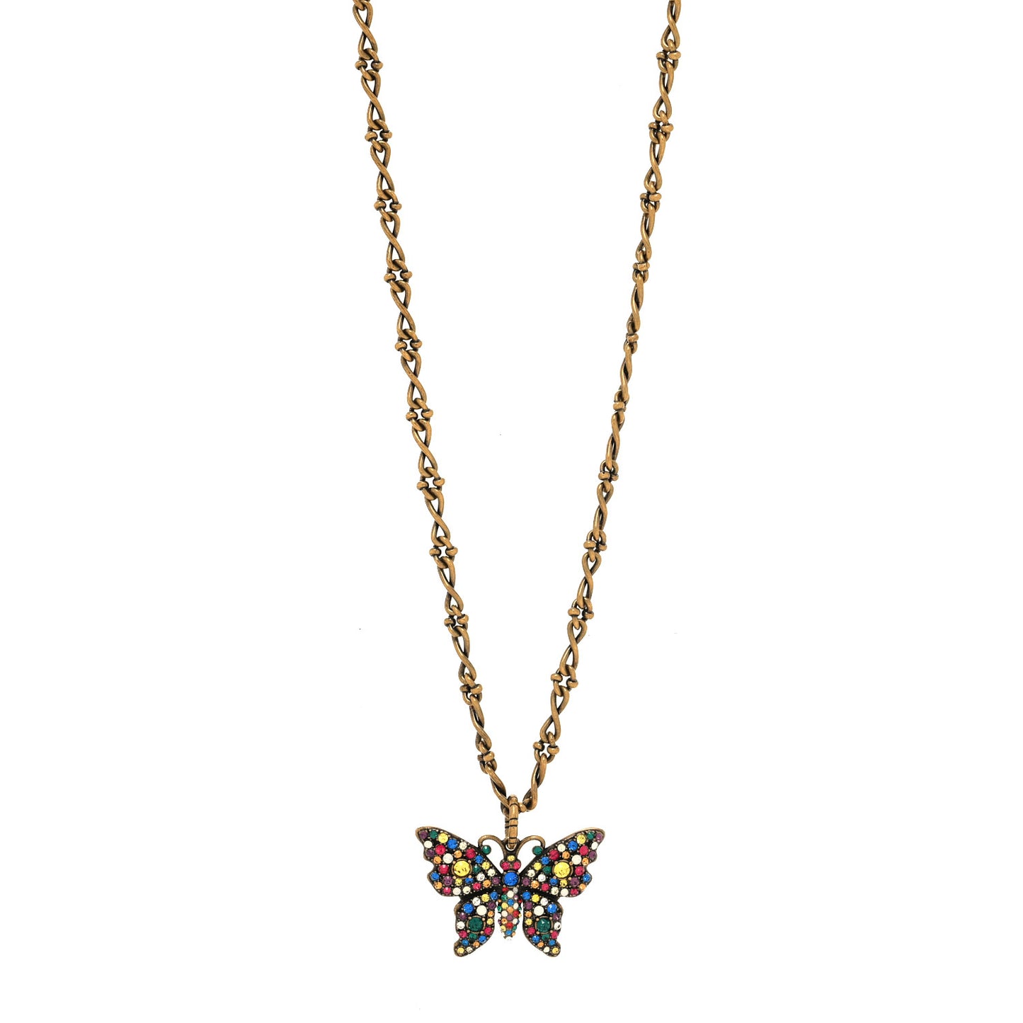 Metal Crystal Butterfly Necklace Aged Gold Multicolor